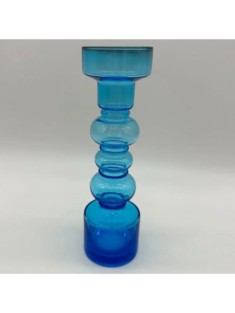 Vintage Blue Vase Blown Glass Hooped Mid Century Modern Turquoise Retro